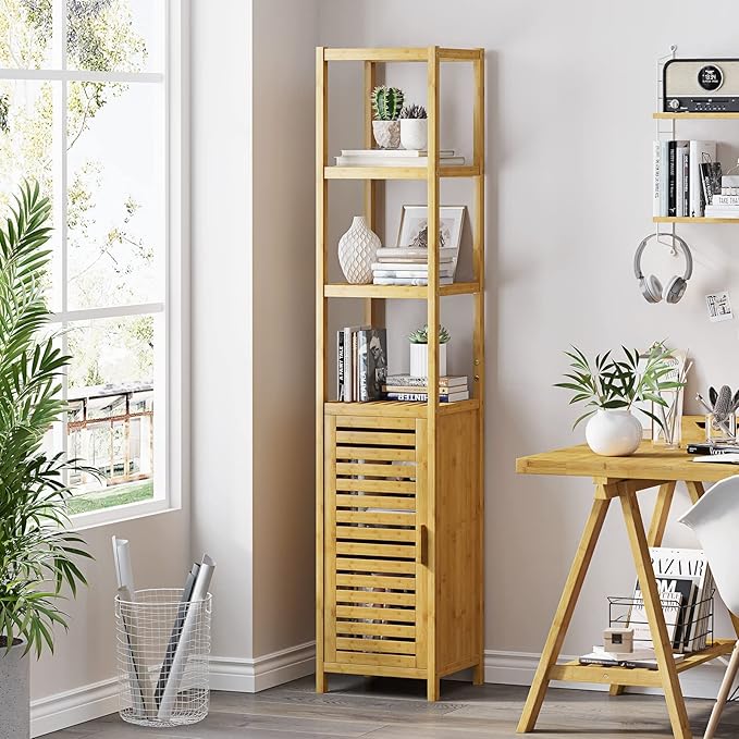 VIAGDO Storage Tall Slim Cabinet with Shutter Door and 3 Tier Shelves, Freestanding Linen Tower Cabinet for Living Room, Kitchen, Bathroom Organizer, Natural Bamboo