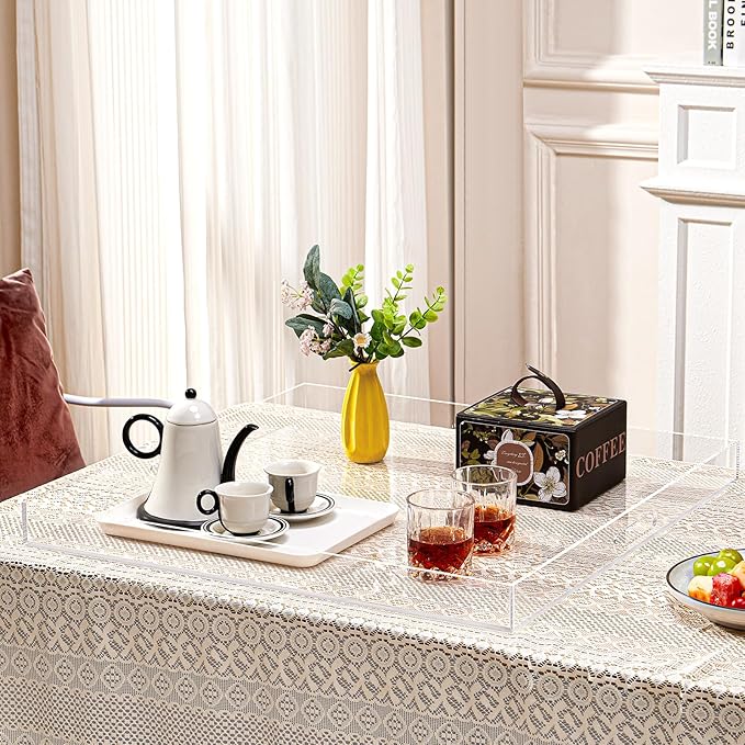 20×20 inches Oversized Clear Acrylic Ottoman Tray Extra Large Decorative Tray Spill-Proof Serving Trays with Handles King-Size Safe Edge Organizer for Coffee Table Countertop Breakfast