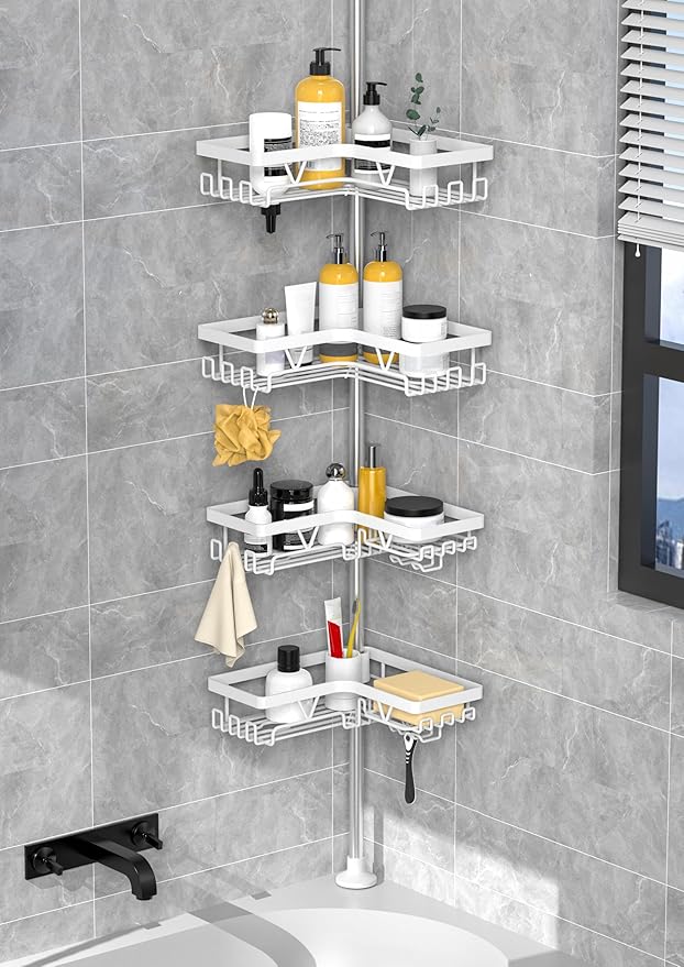 KEGII Corner Shower Caddy Tension Pole - Shower Tension Rod Organizer, Floor to Ceiling Shower Caddy 25-114.2 inch, Bathroom Rack Corner Waterproof, Pure White