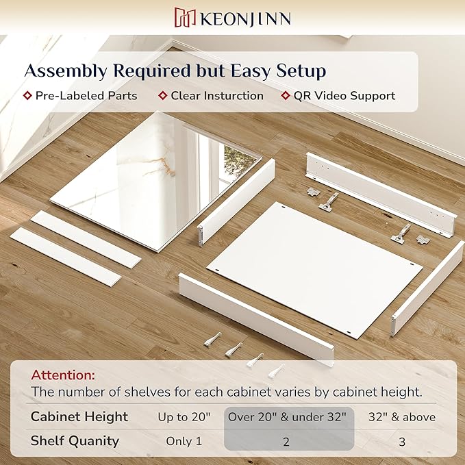 Keonjinn 16 x 24 Inch White Medicine Cabinet Mirror, Assembly Required, Modern Medicine Cabinets for Bathroom, Lightweight, Adjustable Shelves, HD Tempered Glass, Recessed or Surface Mount