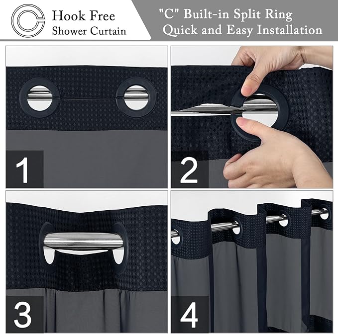 Gibelle Long Shower Curtain 72x80, Waffle Weave Bathroom Shower Curtain with Snap-in Fabric Liner Set, No Hooks Needed, Hotel Style with Mesh Top Window, Navy Blue