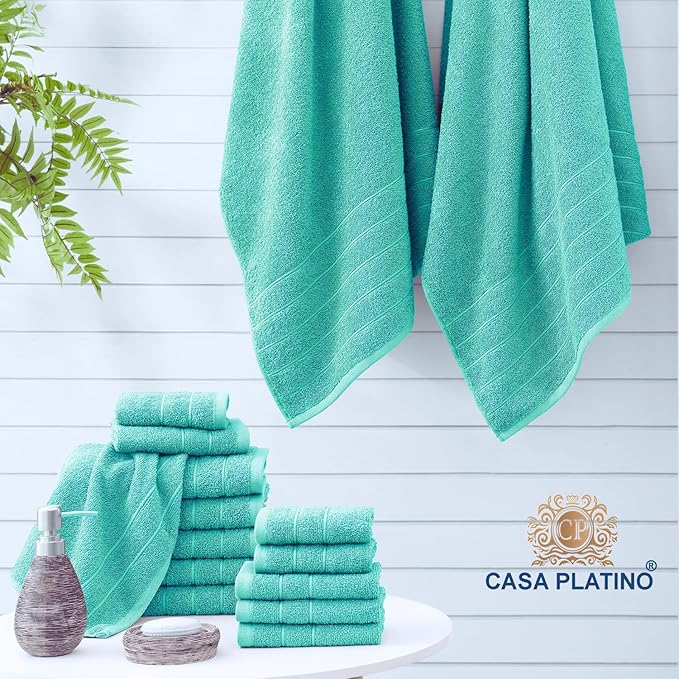 Casa Platino 100% Cotton Towels for Bathroom – 24 Pc Set – Quick Dry, Soft & Absorbent Ring Spun Terry Fabric, Full Set for Family & Guests, Hotel Feel Everyday – Aqua Sky