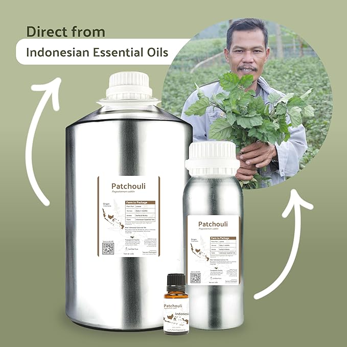 Dark Patchouli Essential Oil - Direct from Java Indonesia Natural Repellent Aceite de Pachulí - Aromatherapy and Premium Therapeutic Grade - Ideal for Body & Candle-Making (8oz)