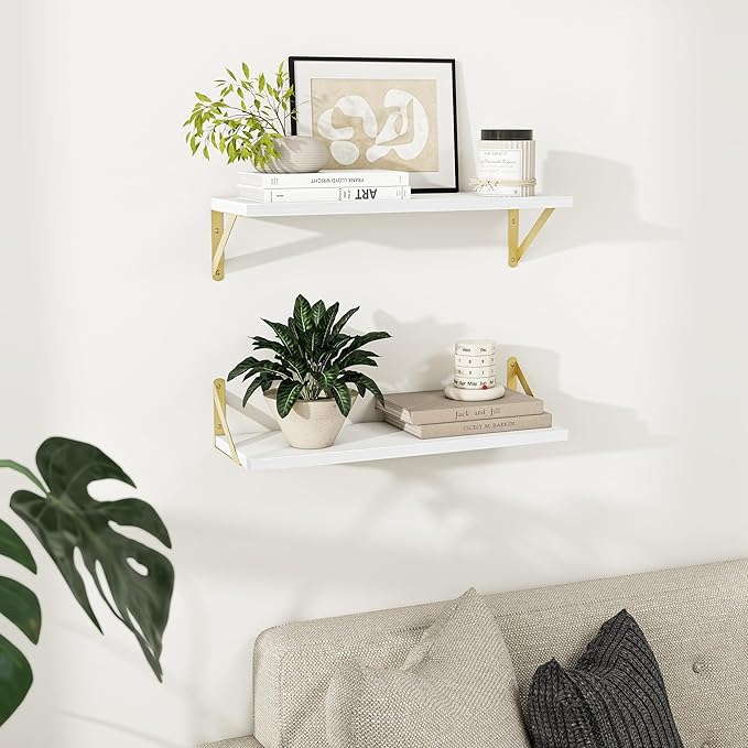 Deep Floating Shelves for Wall, 24W x 8D Wall Mounted Shelves Set of 2, Wide Display Ledge Shelf with Sturdy Metal Brackets for Living Room, Bathroom, Bedroom and Kitchen, White with Gold Brackets