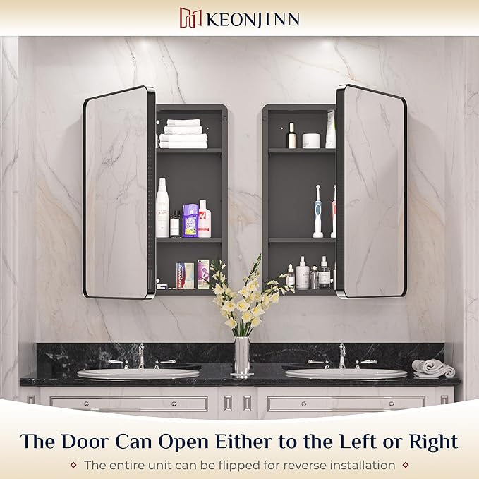 Keonjinn Black Medicine Cabinet 17 x 25 Inch, Heavy & Solid Bathroom Medicine Cabinet with Mirror, Stainless Steel Framed, Adjustable Shelves, Recessed or Wall Mount, Bathroom Mirror with Storage