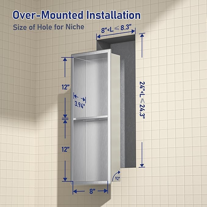 Stainless Steel Shower Niche 24"×8" Brushed with 2-Tier Shelf No Tiled Needed Niche Shower for Bathroom Wall Recessed Shower Box for Bathroom Storage