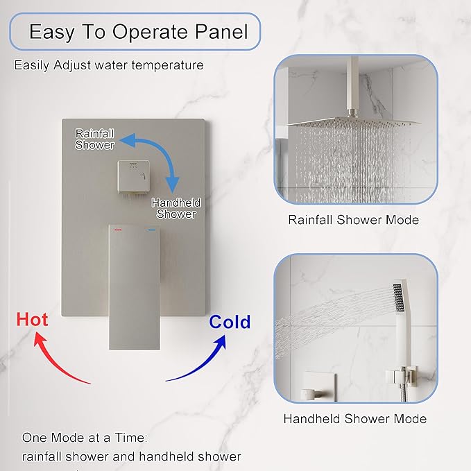 WELLFOR 12-In Ceiling Mount Shower System with Single Handle, Pressure-balanced Valve Included, Waterfall Dual Head Shower Head System, Rain Shower System, Shower Faucet Trim Kits, Brushed Nickel