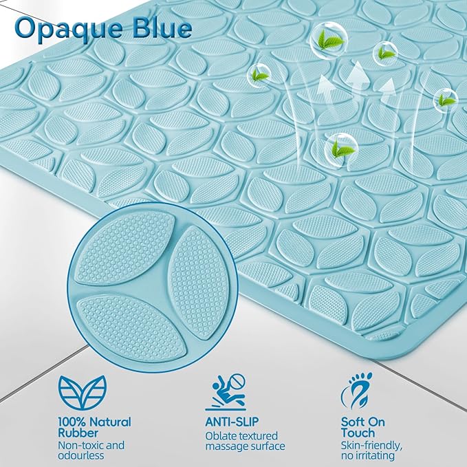 WRISIN Bathtub Mat Non Slip with Suction Cups - 100% Rubber Bathroom Mat Textured for Bath Tub Shower Safety - Soft on Touch - BPA/PVC Free - Pet Dog Bath Mat - Machine Washable - 16 × 28 Inch（Blue）