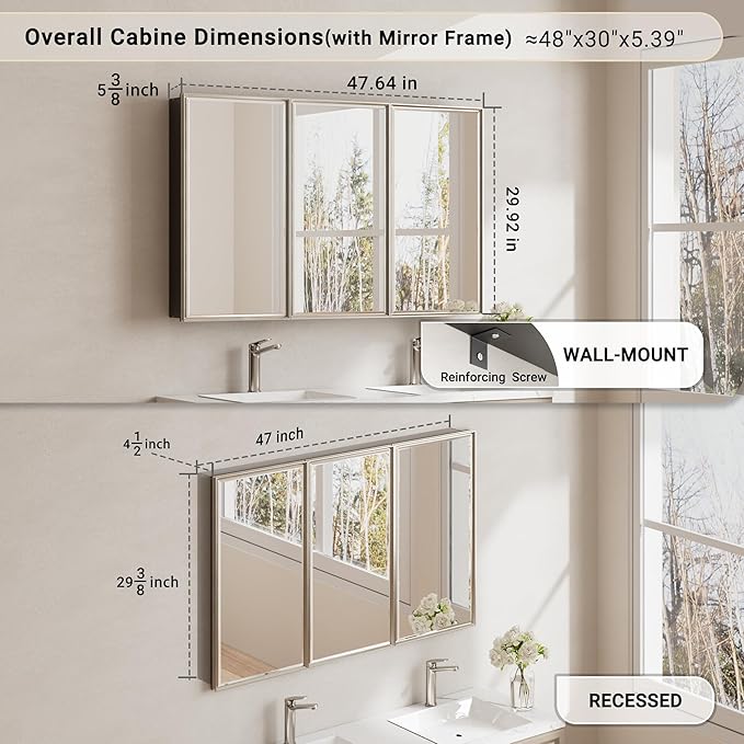 Pre-Assembled Surface or Recessed Medicine Cabinet Mirror-48x30 Brushed Nickel Bathroom Medicine Cabinet with Mirror & Rustproof Aluminum Frame, Beveled Bathroom Vanity Mirror with Storage