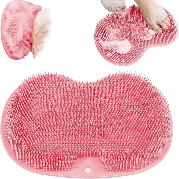 Shower Foot Scrubber Mat with Non-Slip Suction Cups, Exfoliating Foot and Back Washer Pad for Bathtub and Shower Floor (Pink)