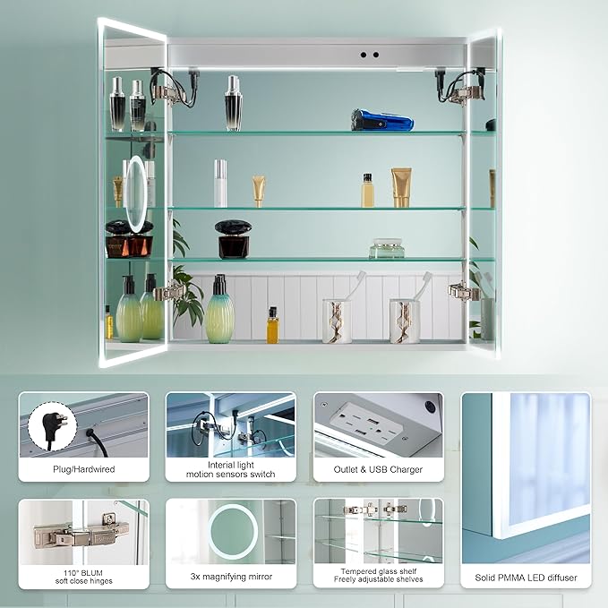 WELLFOR 30" X 30" Medicine Cabinet with Lights, 3X Magnification, Anti-Fog Mirrored Cabinet, Bathroom Vanity Medicine Cabinet with Outlets & USB Ports, Double Doors