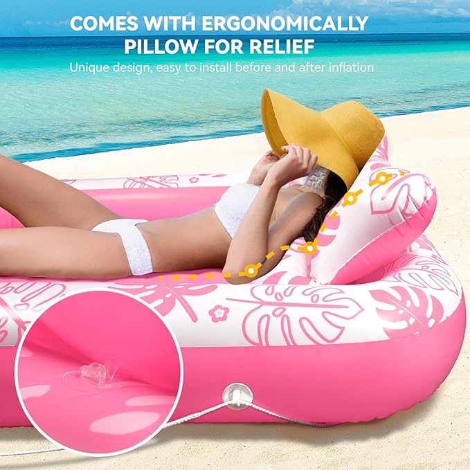 Inflatable Tanning Pool Lounger Float with Cervical Pillow - Pool Floats Adult for Sunbathing, Backyard, Pool Party - Inflate Ball Pit for Babies - Kids Swimming Pool Bed