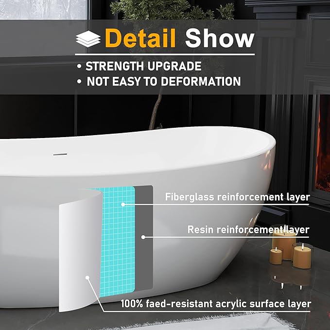 65" Acrylic Freestanding Bathtubs, Stand Alone Tub, Soaking Tubs for Bathroom, Integrated Overflow and Drain, cUPC Certified, Gloss White