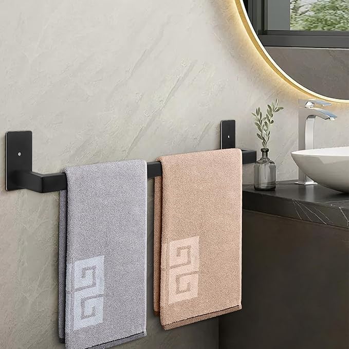 NearMoon Self Adhesive Bathroom Towel Bar, Stainless Steel Square Bath Wall Shelf Rack Hanging Towel Stick On Sticky Hanger Contemporary Style, Towel Rack Wall Mounted (24 Inch, Matte Black)