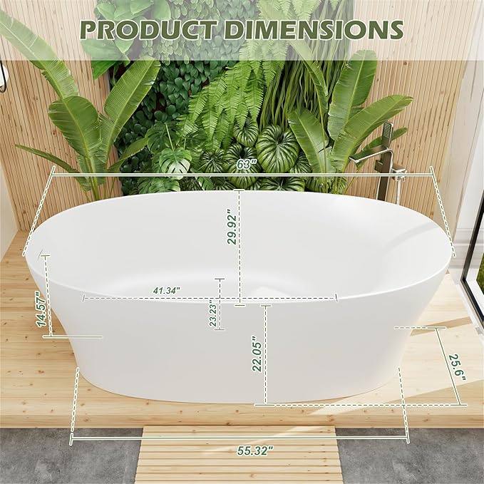 GIVINGTREE 63'' Freestanding Solid Surface Resin Stone Bathtub, Contemporary Design Stand Alone Tub with Pop-up Drain and Overflow, cUPC Certified (PO1072-White)