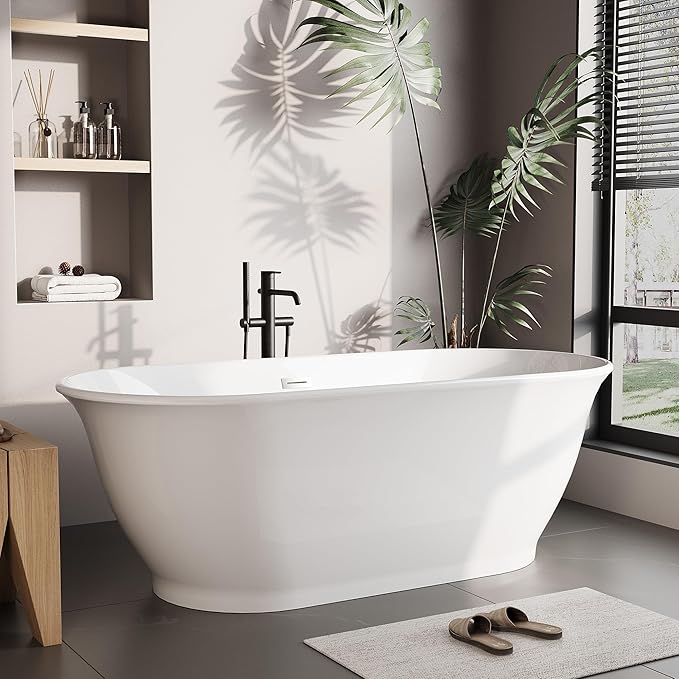 59 in Acrylic Freestanding Bathtub, Soaking Bathtub with Matte Drain and Overflow, Modern Square Tub, Deep Ergonomic Design, CUPC Certified, Double-Walled Insulation, Easy Install and Safe Use, White