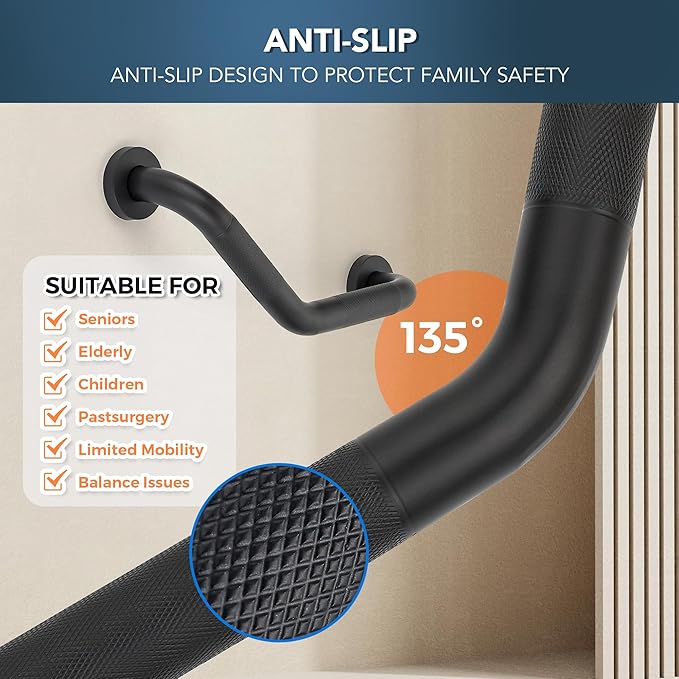 Grab Bars for Bathtubs and Showers- 1-1/4 x 16 Angled Shower Grab Bar for Seniors Knurled Stainless Steel Handicap Grab Bars for Wall (Black, 1 Pack)