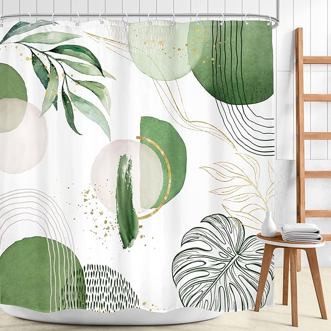 Green Boho Shower Curtain 72Wx72H Mid Century Modern Abstract Gold Olive Tropical Palm Leaves Plant Geometric Bathroom Decor Minimalist Bohemian Bath Curtain Fabric Polyester 12 Pack Hooks