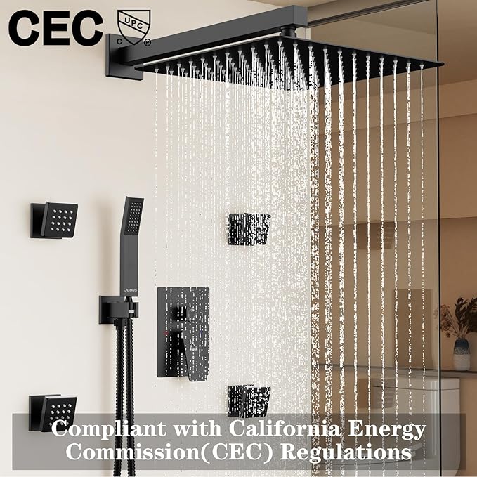 Shower System 12IN Modern Rain Brass Faucet Set With Valve and Diverter Shower Mixer With Handheld High Pressure Square Rainfall Shower Valve (12'' Wall Mount 4 Body Jet, Matte Black)
