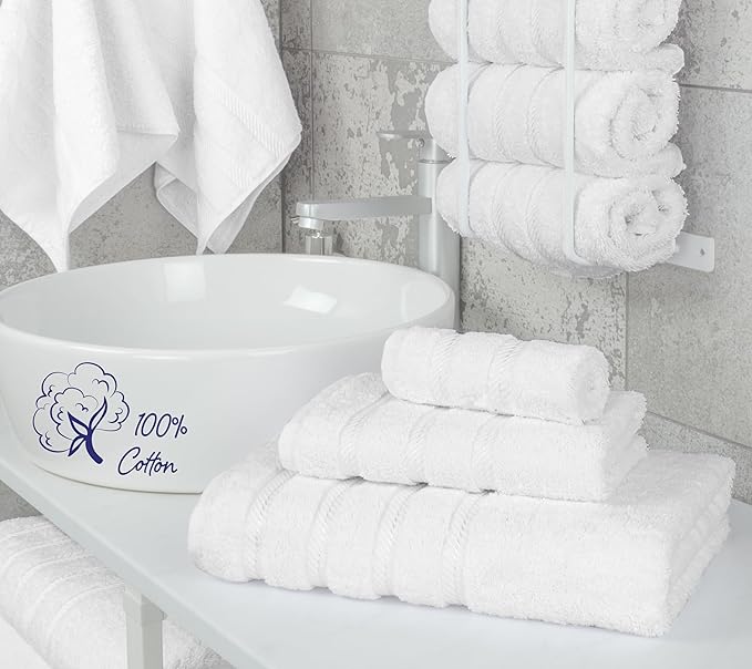 American Soft Linen Premium 3 Piece Towel Set, 1 Bath Towel 1 Hand Towel 1 Washcloth, 600 GSM 100% Cotton Turkish Towels for Bathroom, White Towel Set
