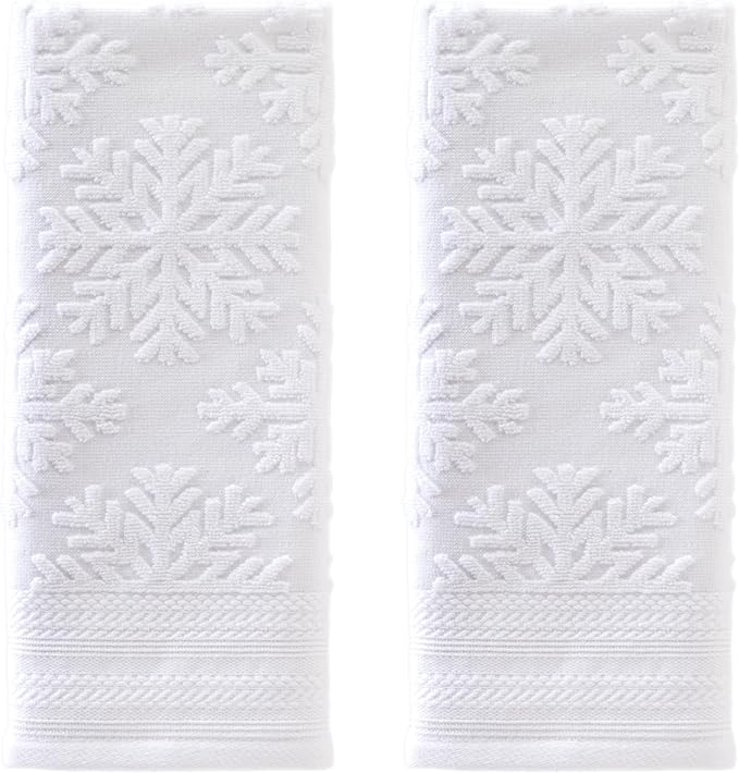 SKL Home Christmas/Winter Subtle Snowflakes Hand Towel 2pc Set for Bath/Kitchen/Bar & Gift, White