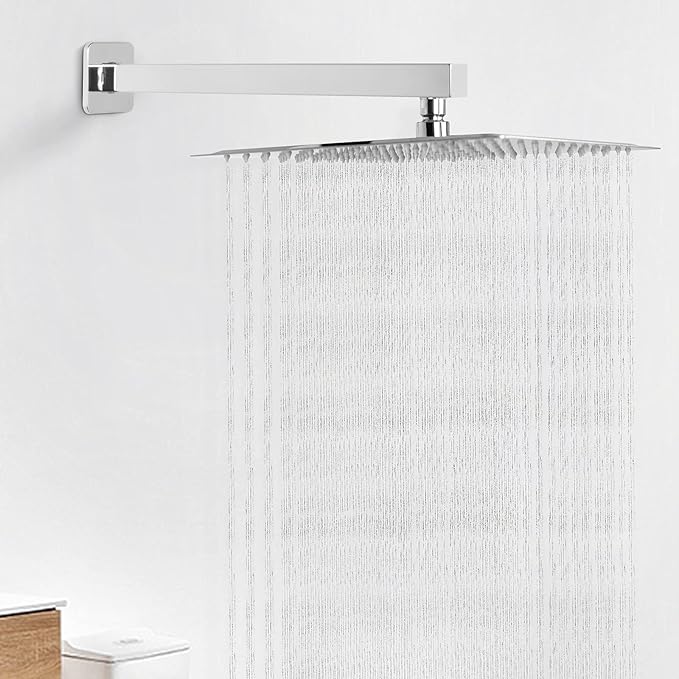 HarJue Shower Arm, Rain Shower Head Extension Extender, With Flange and Teflon Tape, Made of Thicken Stainless Steel for Bathroom Rainfall Shower (16 Inch, Chrome)