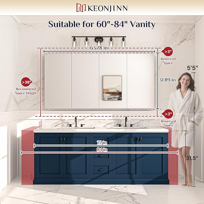 Keonjinn 64 x 32 Inch Medicine Cabinet, Assembly Required, Silver Bathroom Medicine Cabinets Mirror, Lightweight, Adjustable Shelves, Surface Mount or Recessed, Tempered Glass