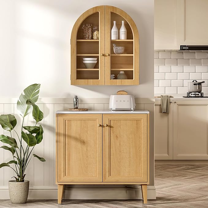 Large Arched Bathroom Wall Cabinet Modern Wooden Display Cabinet with Acrylic Doors Farmhouse Wall Mounted Cupboard Storage Organizer for Laundry Room, Dining Room, Natural Oak