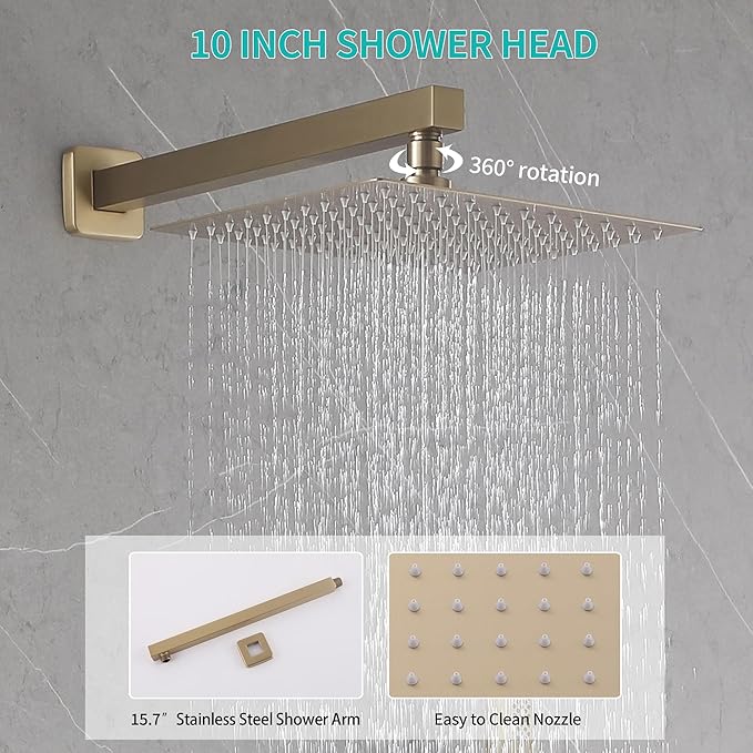 Brushed Gold Rain Shower System Combo: 10" Wall-Mounted Shower Fixtures with 2-in-1 Handheld Spray, Shower Valve with Body Jets, and Waterfall Spout Shower Faucet Set