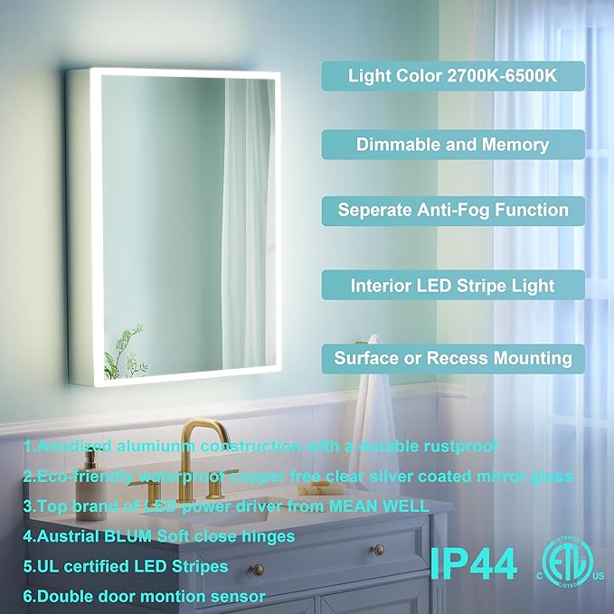 WELLFOR 24" X 30" Medicine Cabinet With Lights, 3X Magnification, Anti-Fog Mirrored Cabinet, Bathroom Vanity With Outlets & USB Ports, Right Opening Door