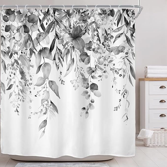 Riyidecor Black White Eucalyptus Shower Curtain for Bathroom Decor 72Wx72H Leaves Dark Plants Watercolor Floral Rustic Botanical Leaf Art Printed Fabric Polyester Waterproof 12 Pack Plastic