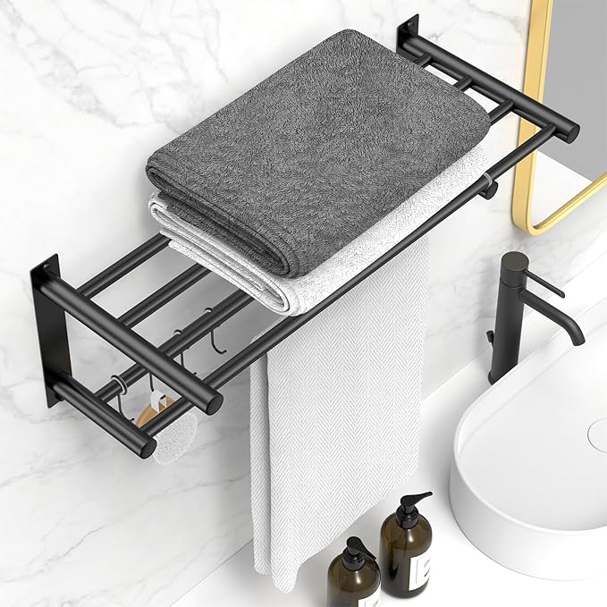 Black Adjustable Black Towel Bar for Bathroom Wall Mount17-30.7inch Adhesive Shower Towel Rack Stainless Steel Bath Towel Holders for Toilet Kitchen Double Towel Hanger