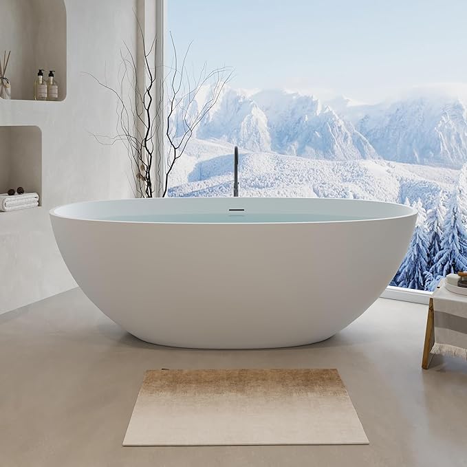 Abruzzo 65" Matte White Freestanding Solid Surface Bathtub, Luxury Handcrafted Stone Resin Freestanding Soaking Bathtub with Overflow and Pop-up Drain