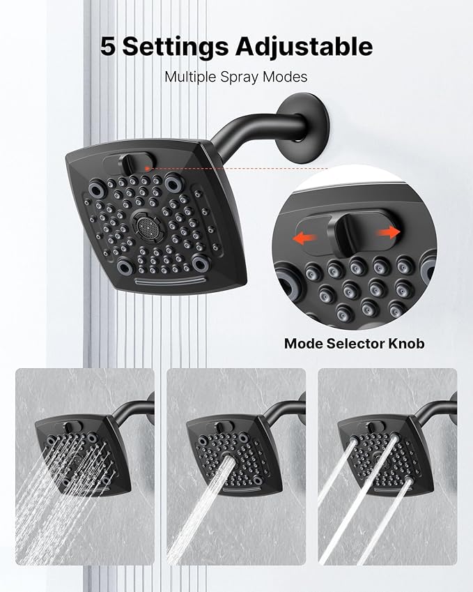 VEVOR Tub and Shower Faucet Set, Complete with 5.1-Inch Rainfall Shower Head and Bathtub Spout, 5-Setting Adjustable Spray, Single-Handle Tub Trim Kit with Brass Pressure Balancing Valve, Matte Black