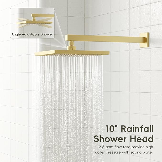 Gabrylly Shower System Gold, Wall Mounted Shower Faucet Set for Bathroom with High Pressure 10" Rain Shower head and 3-Setting Handheld Shower Head Set, 2 Way Shower Valve Kit, Brushed Gold