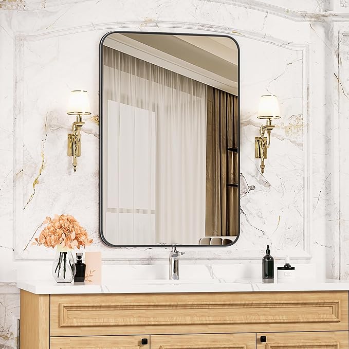 Antok Bathroom Mirror, 36"x24" Wall Mirror, Decorative Mirrors Vanity Mirror Aluminum Alloy Frame Contemporary Rectangular Hanging Mirror for Living Room Bathroom Entryway,Black,Round Corner