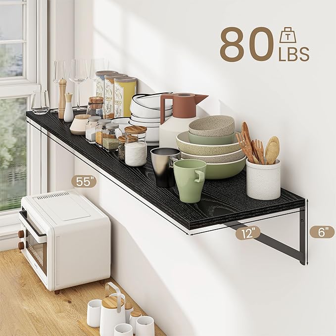 Dreamland Floating Shelves for Wall, 12 Inch Deep Floating Shelves Set of 2, 55W x 12D Large Wall Shelf with Sturdy Metal Brackets for Living Room, Bathroom, Bedroom and Kitchen, Black