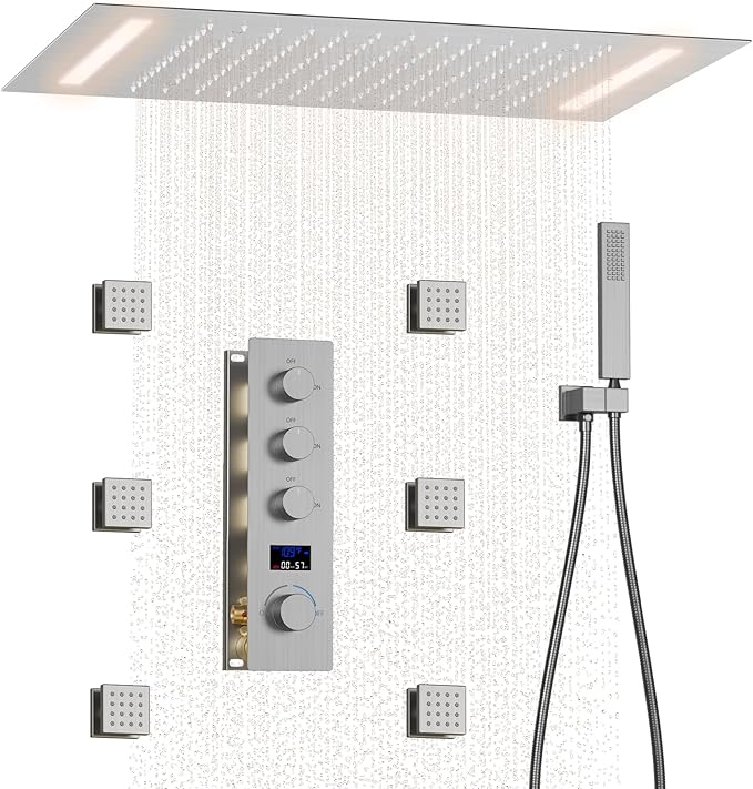 Shower System Brushed Nickel Temperature Display Shower Faucet Set, 14X20 inch Ceiling Mounted Shower Head, with 6 PCS Body Jet and Handheld Spray