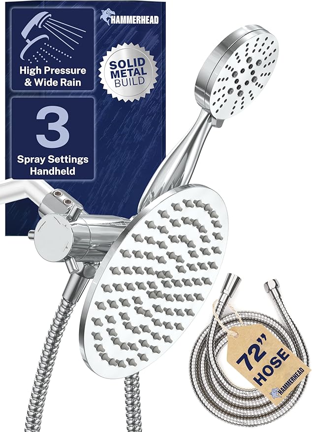 HammerHead Showers Dual Shower Head Combo, 8-Inch Rainfall & 3-Flow Handheld, Chrome, 2.5 GPM