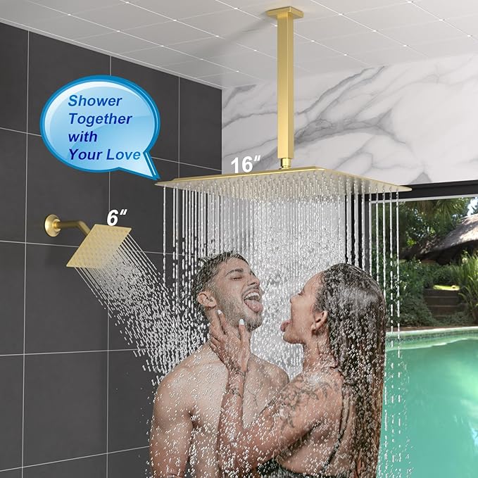 Enga Thermostatic Dual Head Shower System, Shower Faucet Set with 16"+6" Rain Shower Heads & Handheld, All Functions Use Simultaneously, Adjustable Volume, Brushed Gold