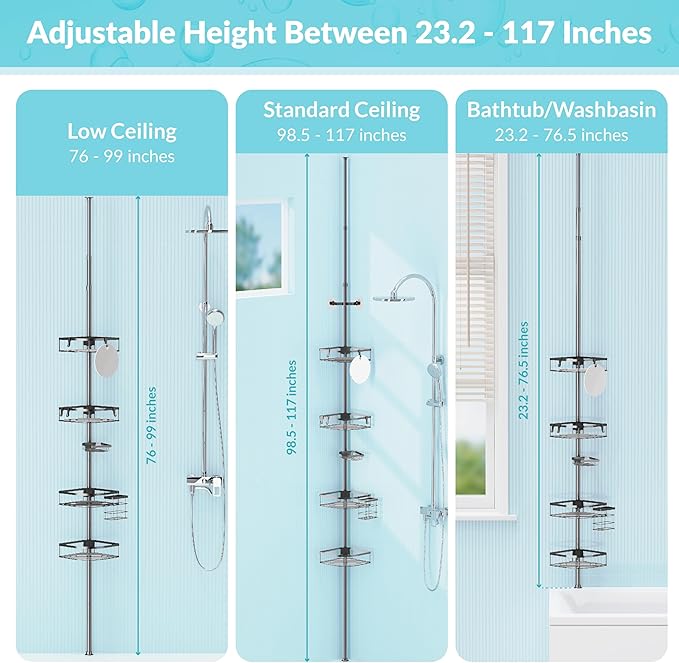 Shower Caddy Tension Pole, 4-Tier Adjustable Corner Shower Standing Caddy, Rustproof Rack for Bathroom Bathtub, with 4 Shelves, No Drilling Corner Bathroom Shelf for Inside (Black)