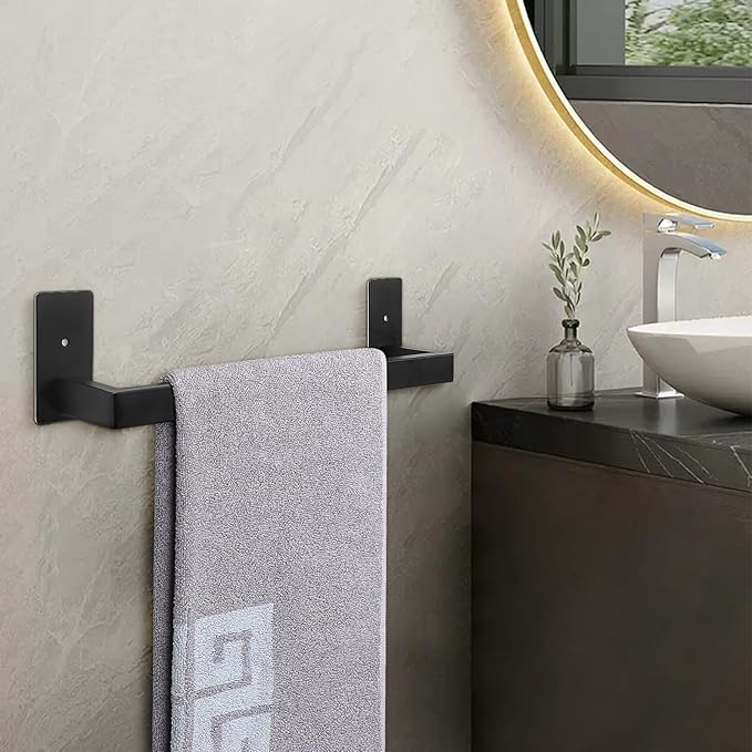 NearMoon Self Adhesive Bathroom Towel Bar, Stainless Steel Square Bath Wall Shelf Rack Hanging Towel Stick On Sticky Hanger Contemporary Style, Towel Rack Wall Mounted (12 Inch, Matte Black)
