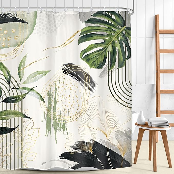 Grey Green Boho Shower Curtain 72Wx78H Long Tropical Palm Leaves Abstract Modern Bohemian Minimalist Gold Leaf Mid Century Bathroom Decor Botanical Bath Curtain Fabric Polyester 12 Pack Hooks