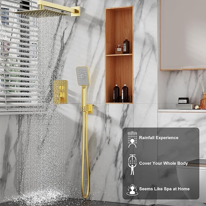 Shower System 10IN Modern Rain Brass Faucet Set With Valve and Diverter Shower Mixer With Handheld High Pressure Square Rainfall Shower Valve (10'' Wall Mount, Brushed Gold)