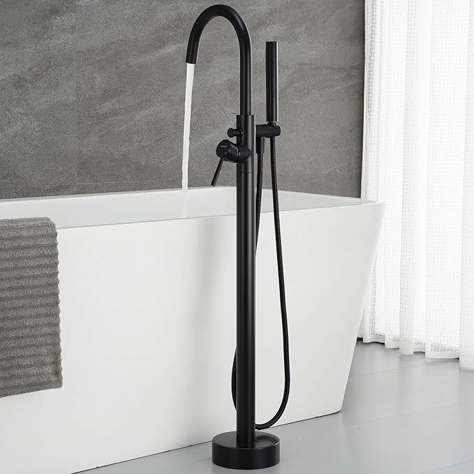 Freestanding Bathtub Faucet Tub Filler Faucets Black Single Handle Floor Mounted with Handheld Shower