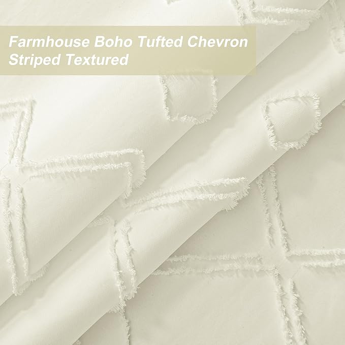No Hooks Shower Curtain with Snap-in Liner, Beige Boho Fabric Tufted Chevron Striped Textured Shower Curtains for Bathroom, Water Repellent Hotel Quality Luxury Shower Curtain, 72Wx74H