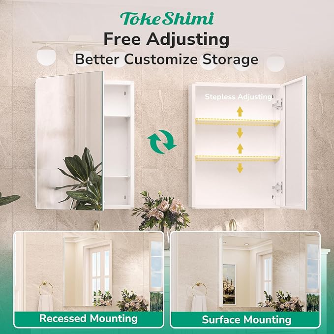 TokeShimi 14x18 Bathroom Medicine Cabinet, Tempered Mirror with Adjustable Storage Frameless White Farmhouse Medicine Cabinet Recessed