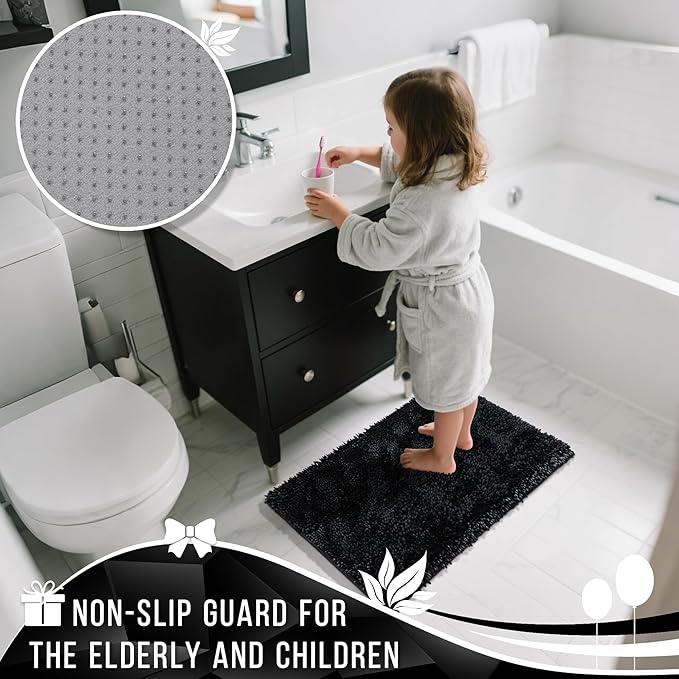 Yimobra Large Bathroom Rug Non Slip 36x24 Inch, Extra Thick Soft Absorbent Chenille Bath Mat, Machine Washable Quick Dry Bath Rugs for Bathroom Floor, Tub and Shower, Home Decor Accessories, Black