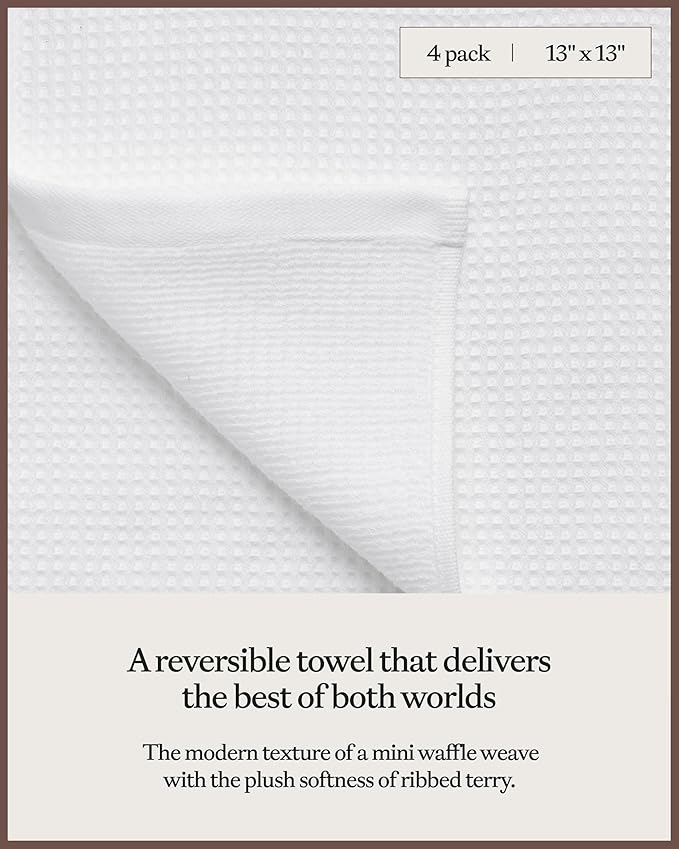 Cozy Earth Waffle Washcloths - 60% Cotton 40% Viscose from Bamboo Washcloths 13 x 13 Inches - Soft & Absorbent Terry, Reversible Mini Textured Waffle & Weave Pattern - 4 Pack