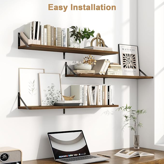 Fun Memories Long Wall Shelves for Bedroom, Set of 3 Large 40-Inch Floating Bookshelves, Rustic Wood Display Shelf for Home and Office (Walnut)